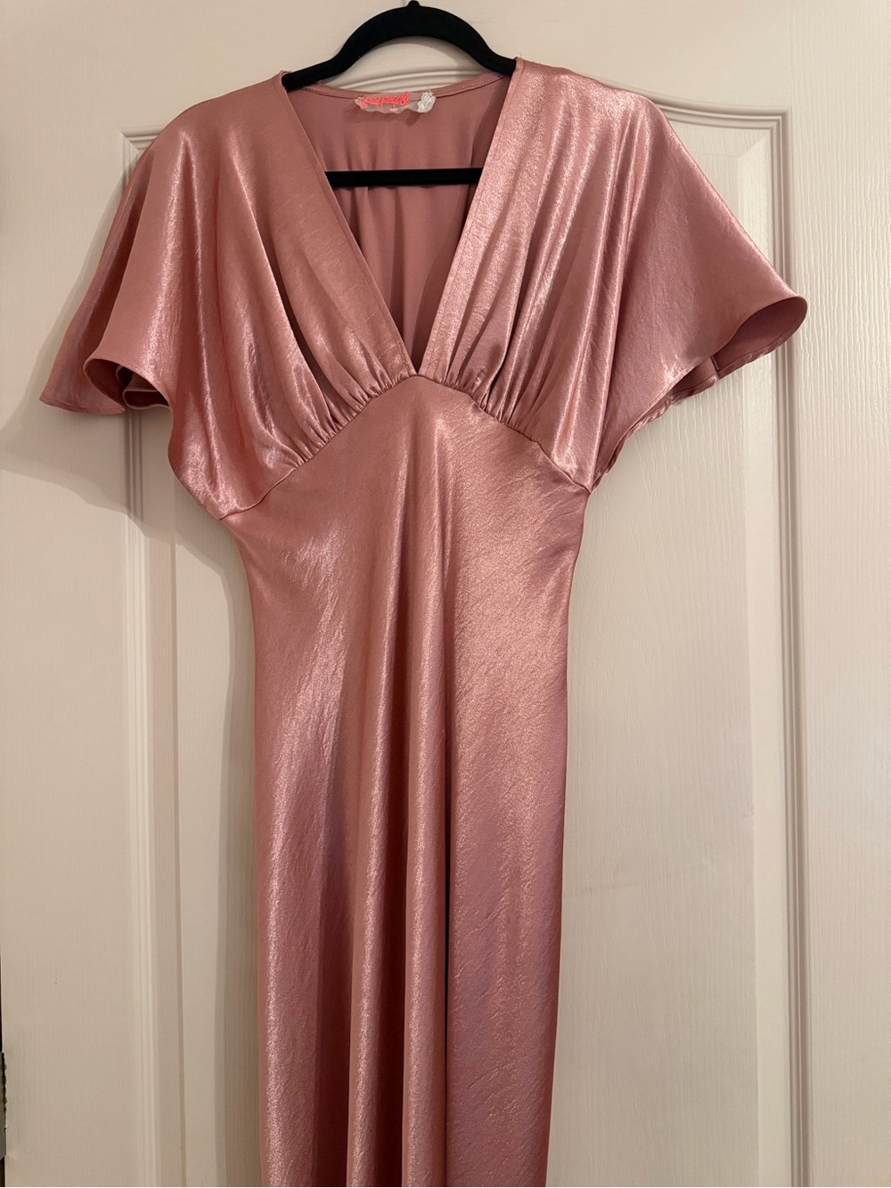 Free People Dusty Rose Metallic Satin Maxi with Flutter Sleeves